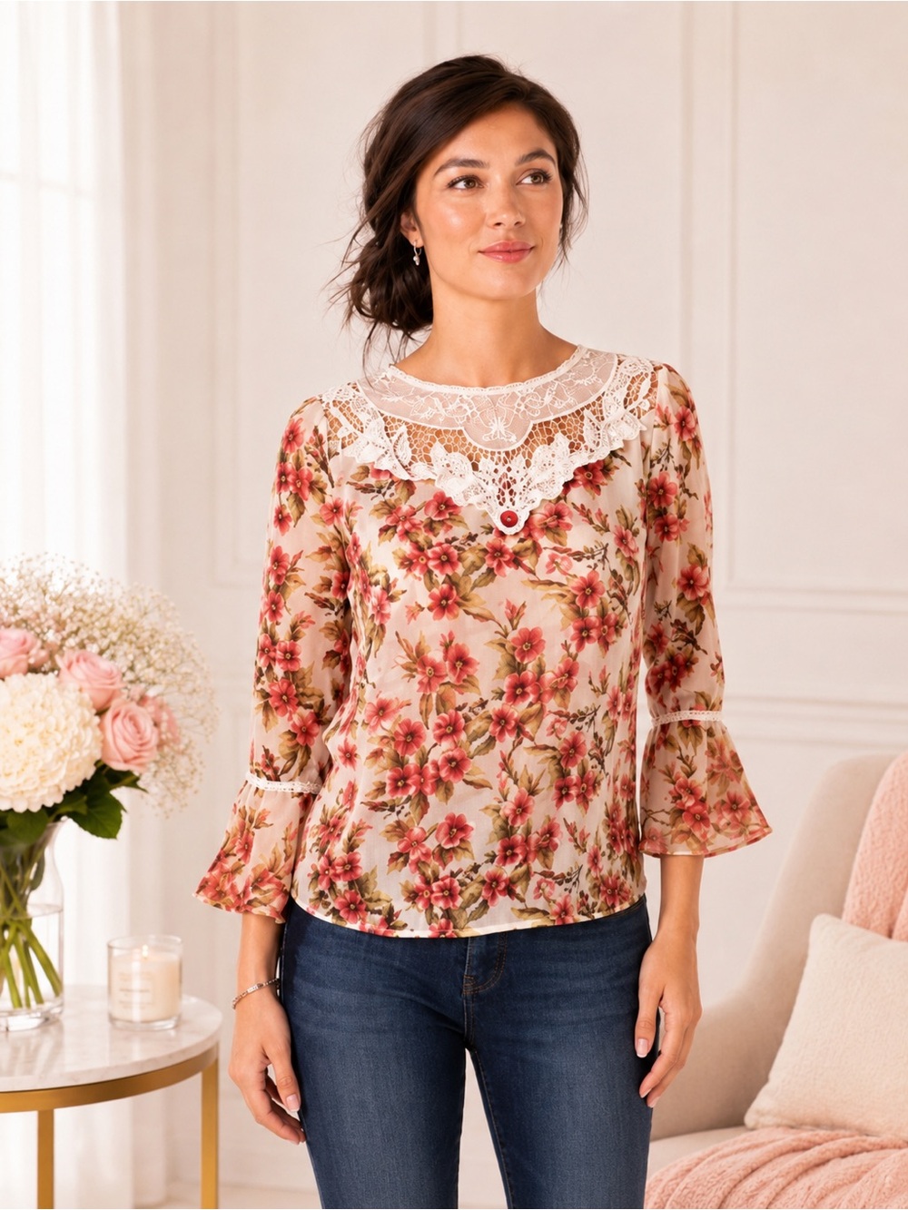Disney Snow White LC Lauren Conrad Pink Floral Lace Peasant Blouse Boho NWT S XL